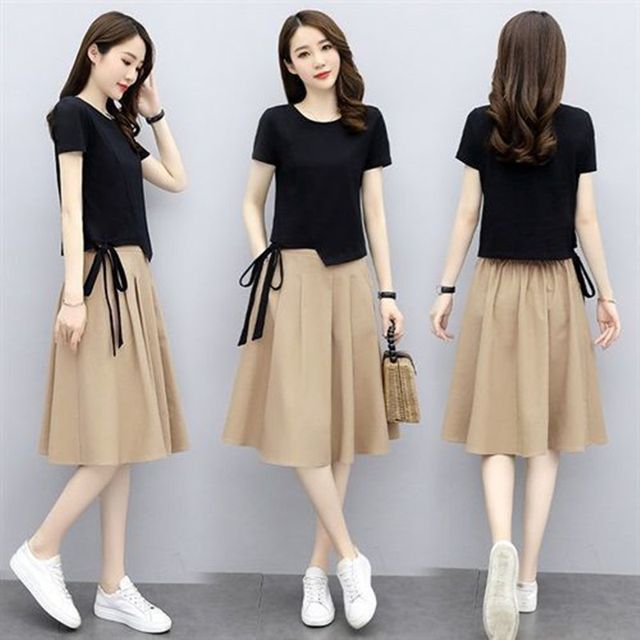 Plain Set: T-Shirt Midi A-Line Skirt Waist + Neck Short-Sleeve Round Elastic