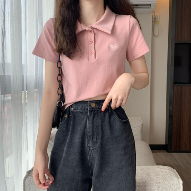 Short-Sleeve Embroidered Polo Shirt Heart