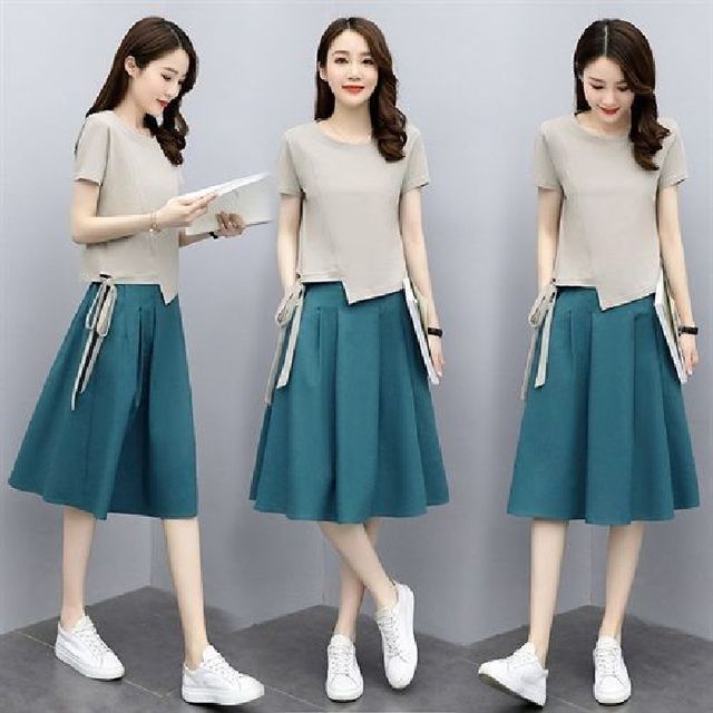 Plain Set: T-Shirt Midi A-Line Skirt Waist + Neck Short-Sleeve Round Elastic