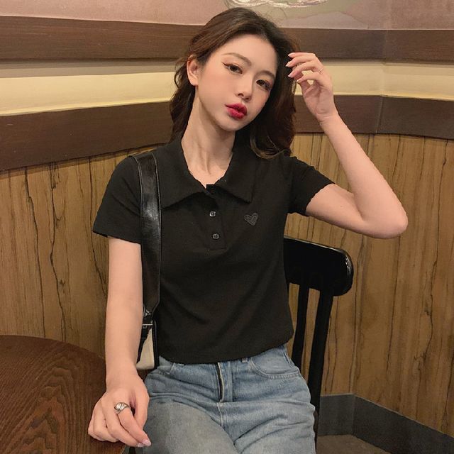 Short-Sleeve Embroidered Polo Shirt Heart