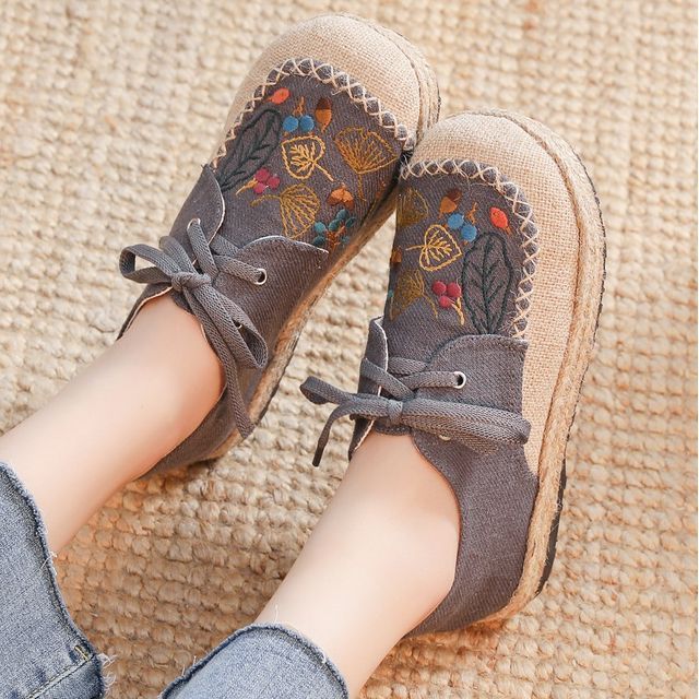 Lace-Up Leaf Embroidered Slip-Ons