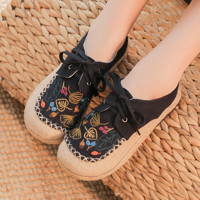 Lace-Up Leaf Embroidered Slip-Ons