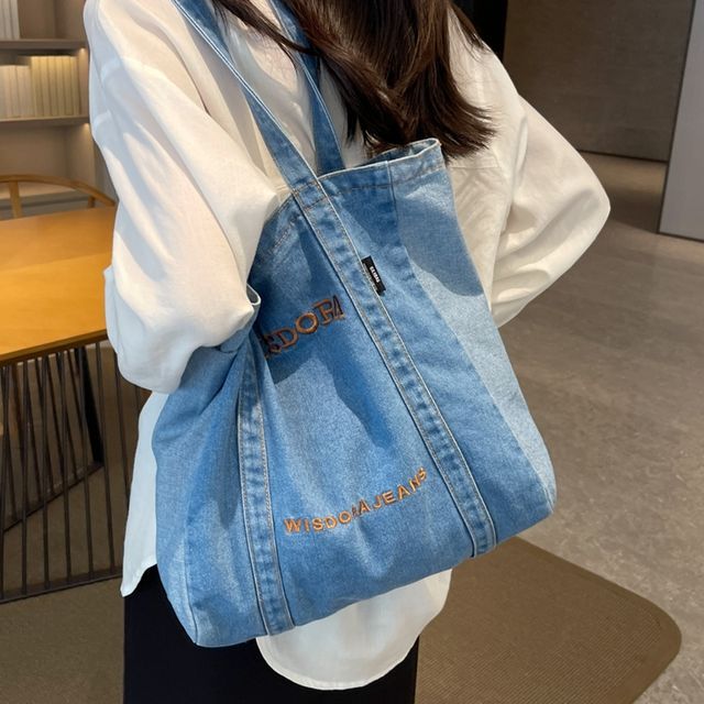 Washed Letter Embroidered Denim Tote Bag