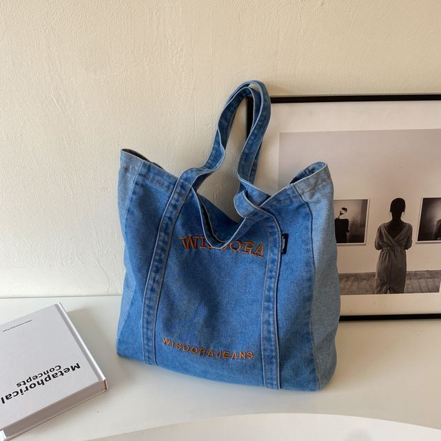 Washed Letter Embroidered Denim Tote Bag