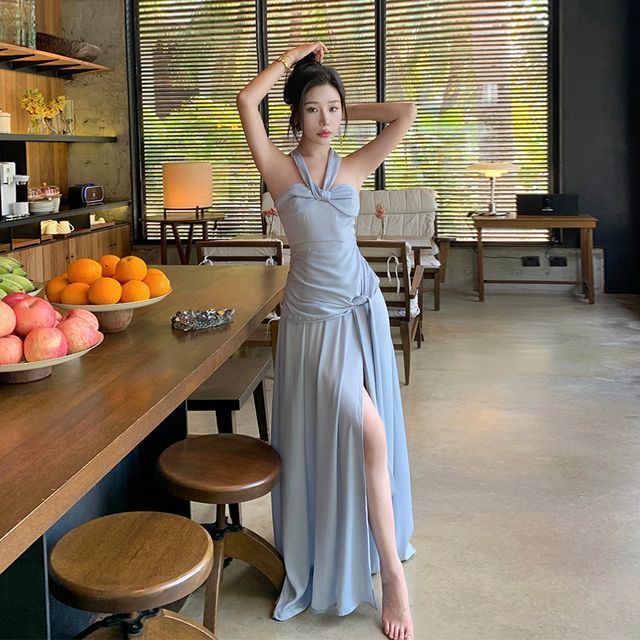 Halter-Neck Plain Knotted Shirred Slit Midi Sundress