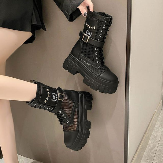 Lace-Up Studded Short Panel Mesh Platform Boots