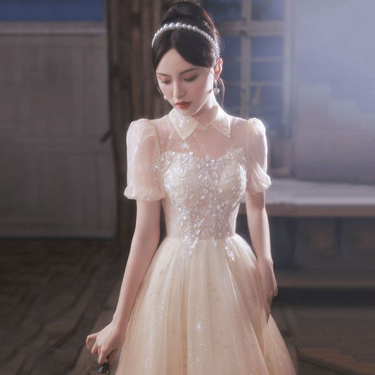 Short-Sleeve Mesh A-Line Evening Gown / Midi Evening Dress