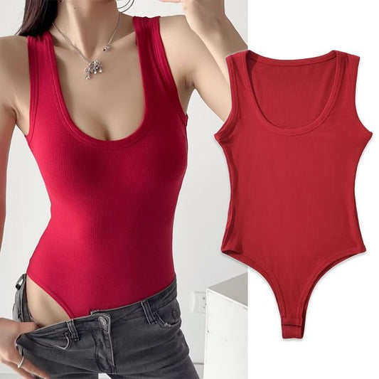 Scoop Bodysuit Neck Top Plain Sleeveless