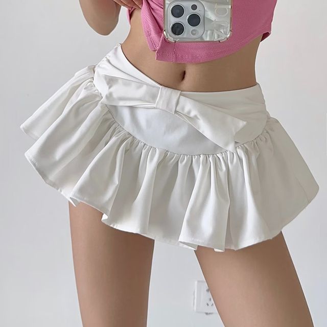 Mid bow Plain Skirt Mini Waist A-Line