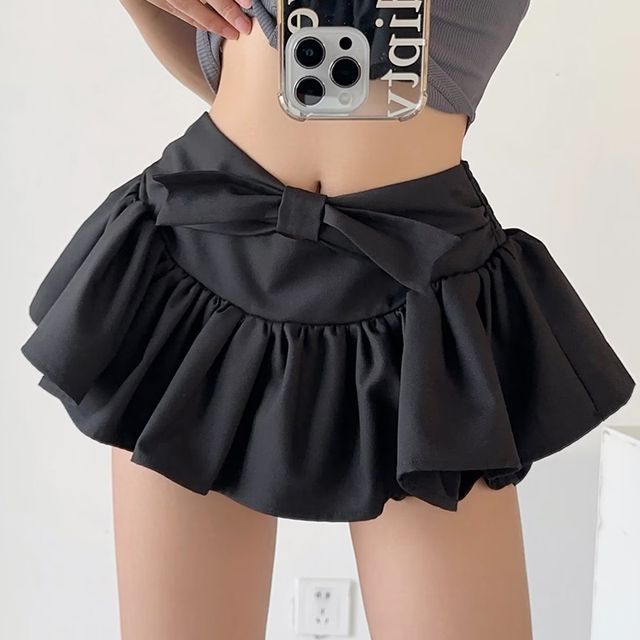 A-Line Mini Mid bow Waist Plain Skirt