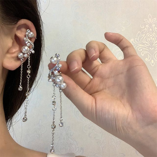 Faux Pearl Cuff Ear Rhinestone Fringe