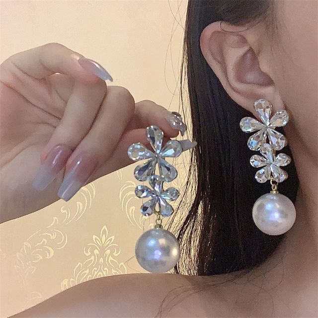 Faux Earring Flower Pearl Drop Rhinestone