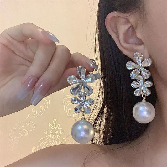 Faux Earring Flower Pearl Drop Rhinestone