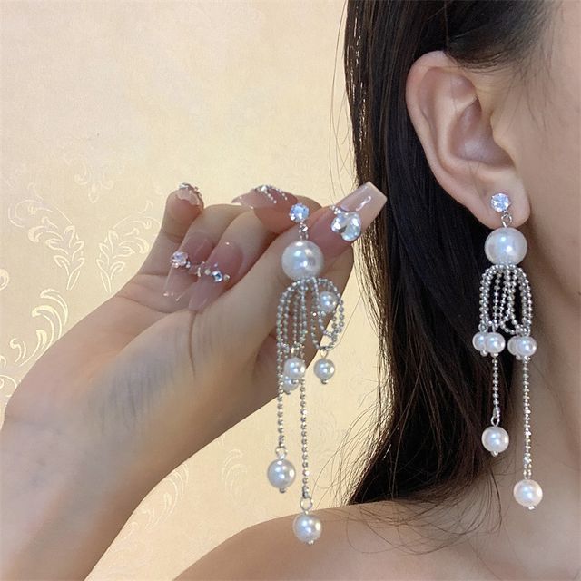 Faux Earring Pearl Drop Fringe