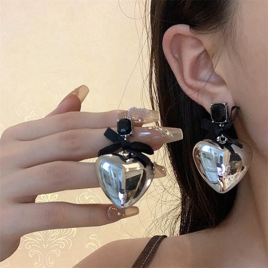 Rhinestone Drop Earring Heart Bow