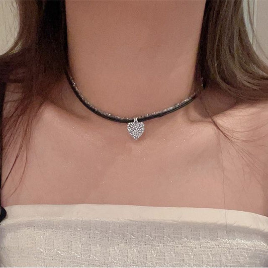 Heart Faux Rhinestone Cord Necklace Leather