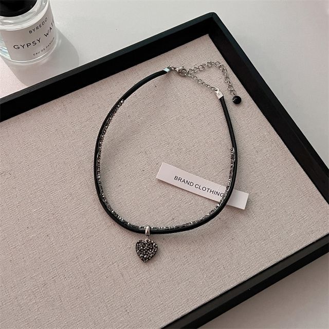 Heart Faux Rhinestone Cord Necklace Leather