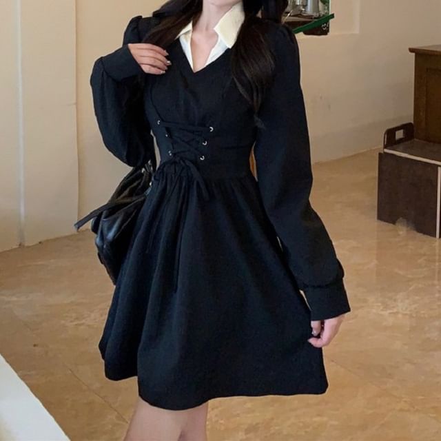Dress A-Line Lace-Up Collar Mock Two-Piece Puff-Sleeve Mini Contrast