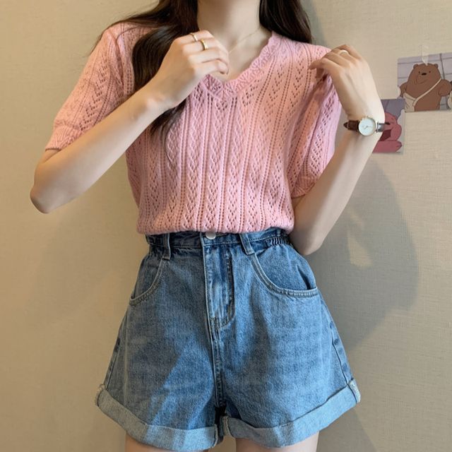 Crochet V-Neck Top Knit Short-Sleeve