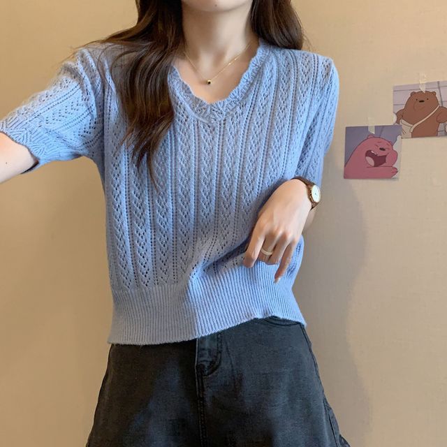 Crochet V-Neck Top Knit Short-Sleeve