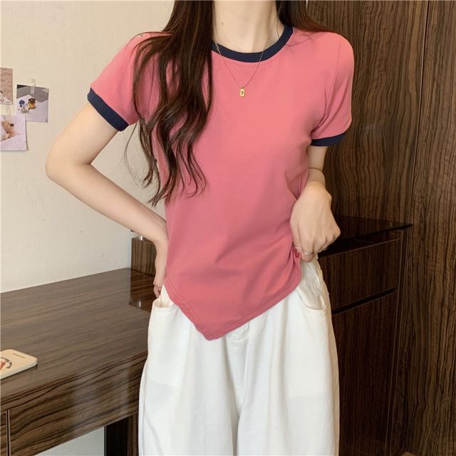 Tee Short-Sleeve Neck Contrast Asymmetrical Crew Plain Trim