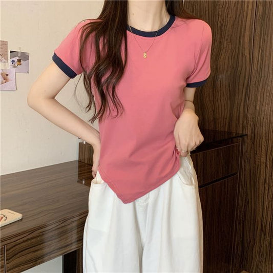 Tee Short-Sleeve Neck Contrast Asymmetrical Crew Plain Trim