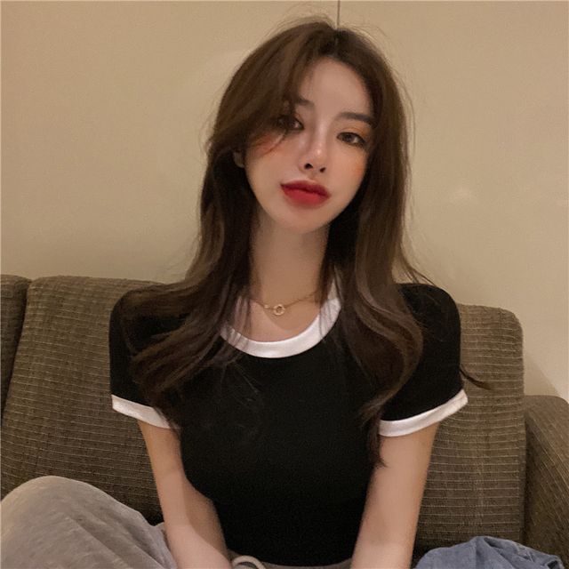 Crew Neck Contrast Cropped Trim Short-Sleeve Tee Plain