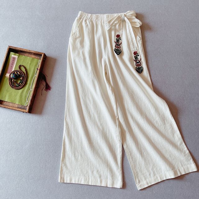 Elastic Waist Embroidered Wide Leg Pants
