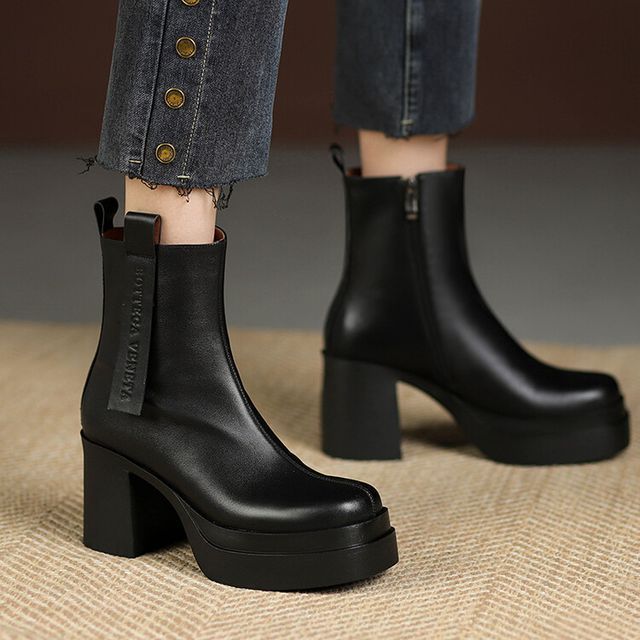 Square Toe Platform Block Heel Short Boots