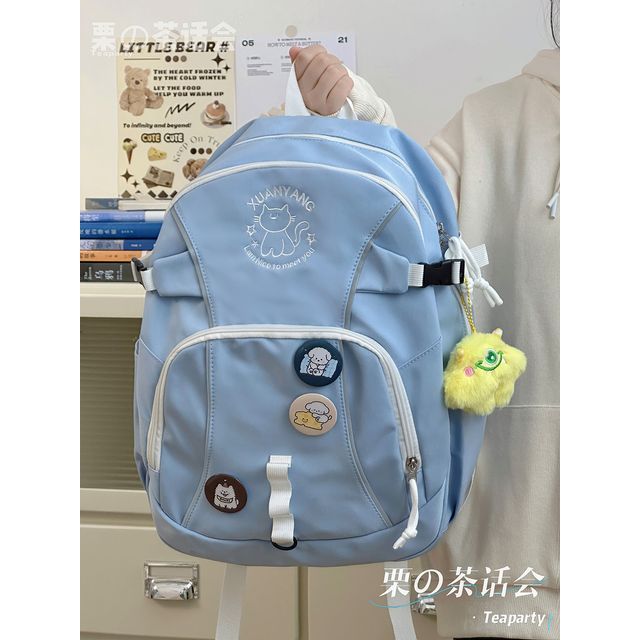 Cat Embroidered Multi-Pocket Backpack / Bag Charm / Set