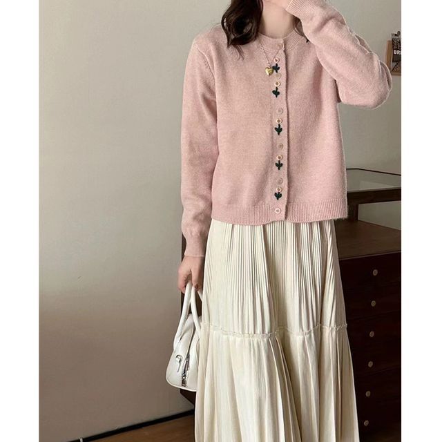 Cardigan Plain Floral Crew Neck