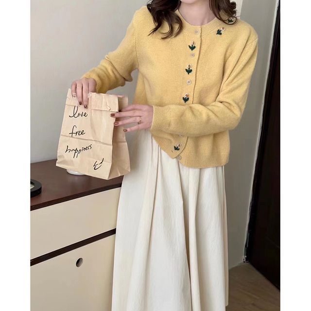 Cardigan Plain Floral Crew Neck