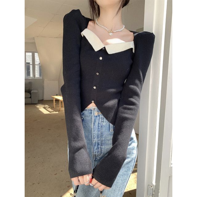Slim-Fit Knit Puff-Sleeve Top Square-Neck