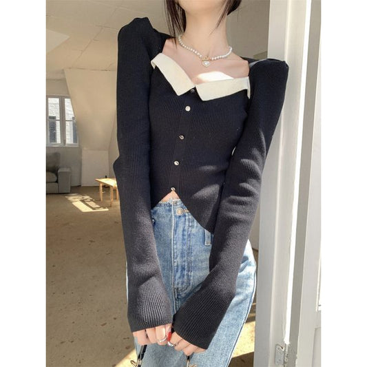 Slim-Fit Knit Puff-Sleeve Top Square-Neck