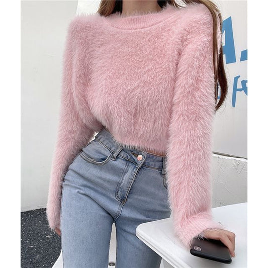 Sweater Cropped Plain Neck Round