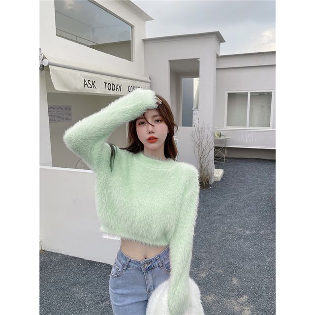 Sweater Cropped Plain Neck Round