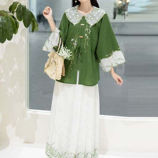 Traditional Chinese Set: 3/4-Sleeve Collared Embroidered Print Panel Tie Front Blouse + High Rise Pleated Maxi A-Line Skirt