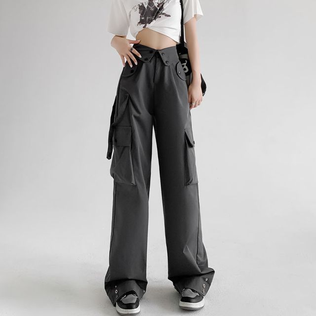 Waist Detailed Pocketed High Waist Plain Wide Leg Cargo Pants