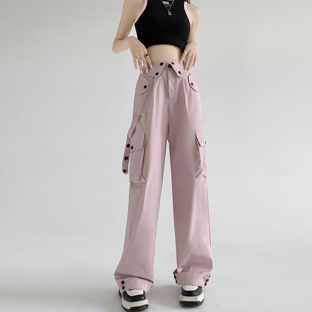 Waist Detailed Pocketed High Waist Plain Wide Leg Cargo Pants