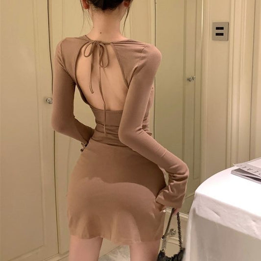 Crew Dress Sheath Open Long-Sleeve Back Neck Mini Plain