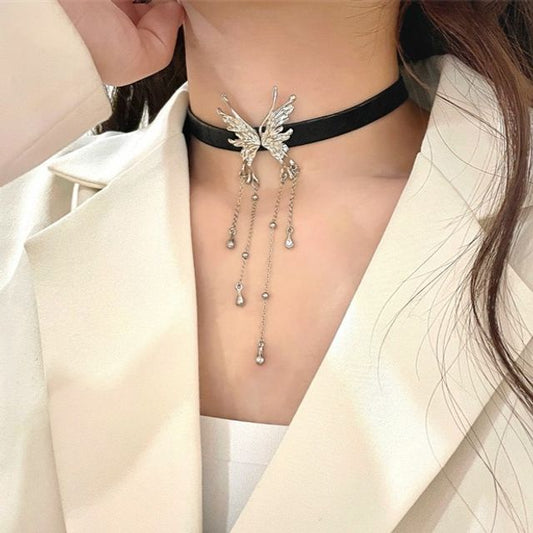 Leather Butterfly Choker Rhinestone Fringed Faux