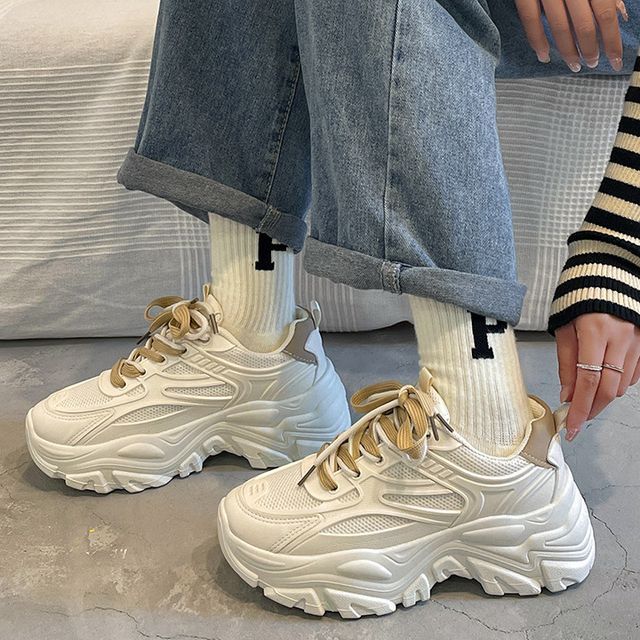 Two Lace-Up Platform Tone Panel Mesh Sneakers Faux Leather