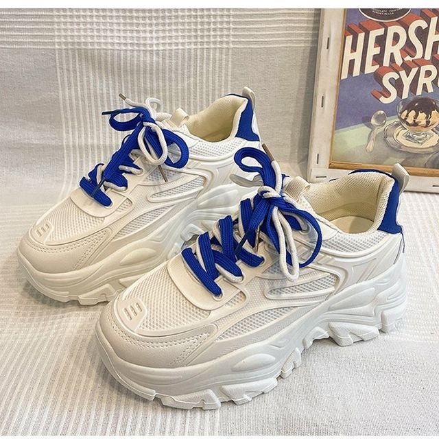 Two Lace-Up Platform Tone Panel Mesh Sneakers Faux Leather