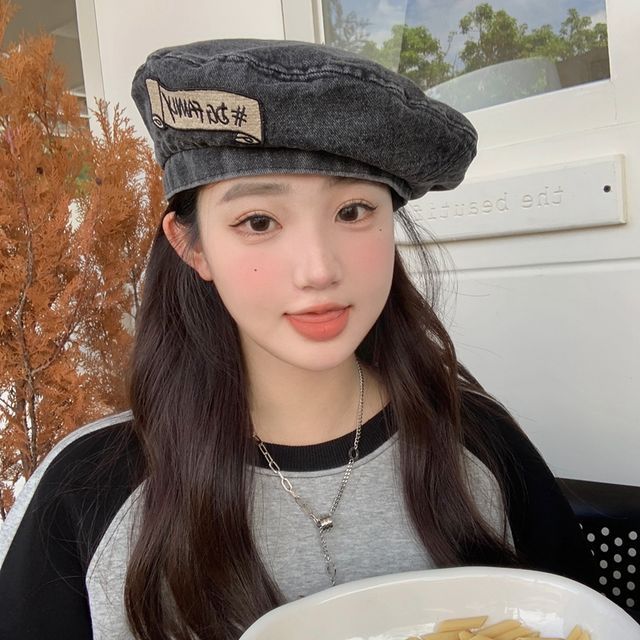 Lettering Embroidered Denim Beret Hat