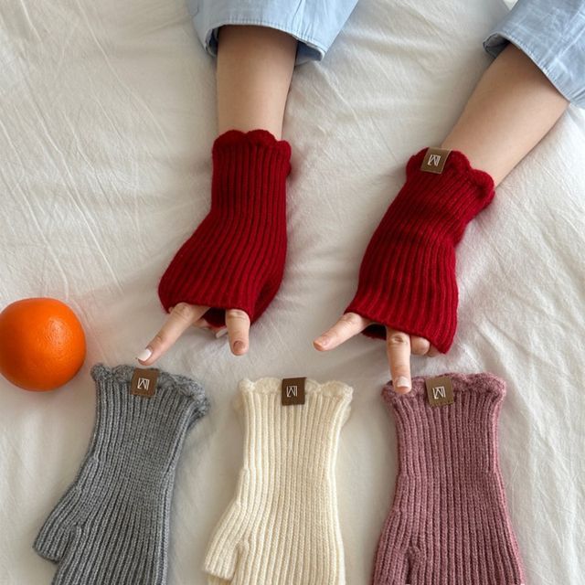 Applique Gloves Knit Lettering Fingerless