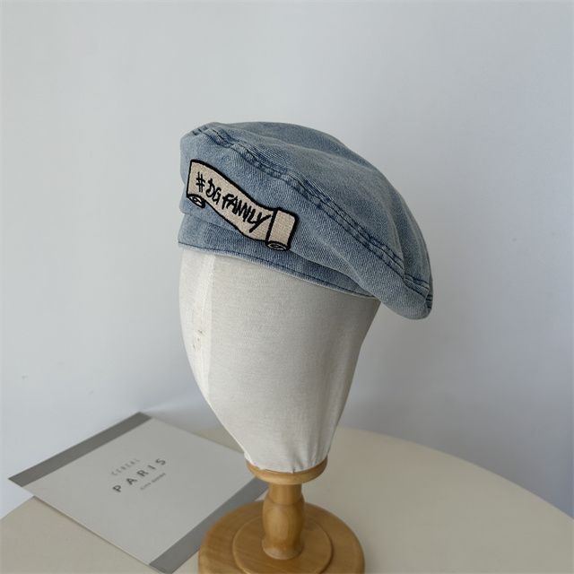 Lettering Embroidered Denim Beret Hat