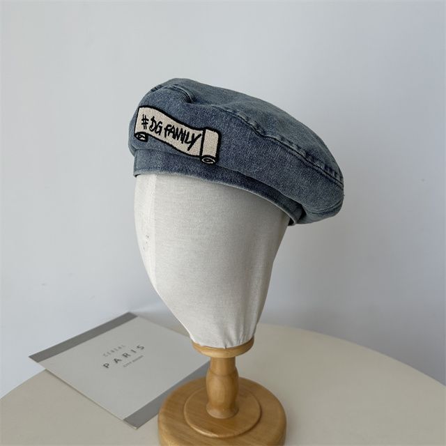 Lettering Embroidered Denim Beret Hat