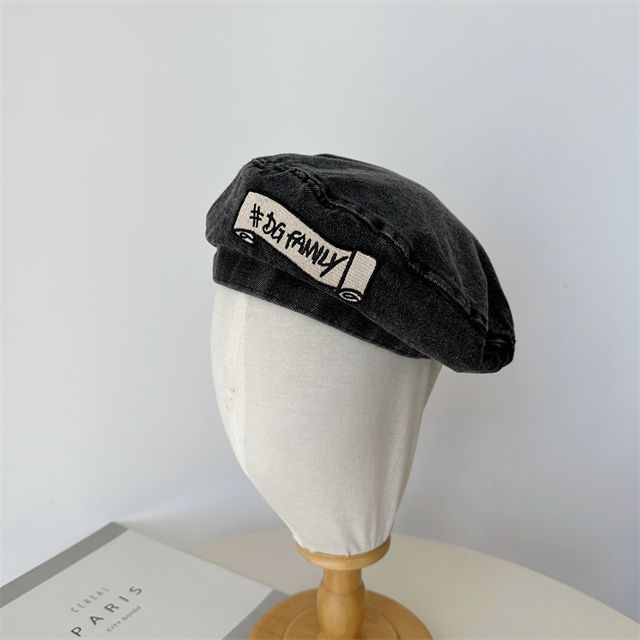 Lettering Embroidered Denim Beret Hat
