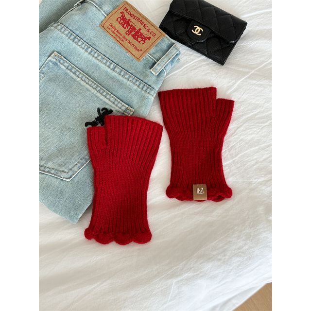 Applique Gloves Knit Lettering Fingerless