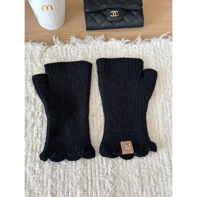 Applique Gloves Knit Lettering Fingerless